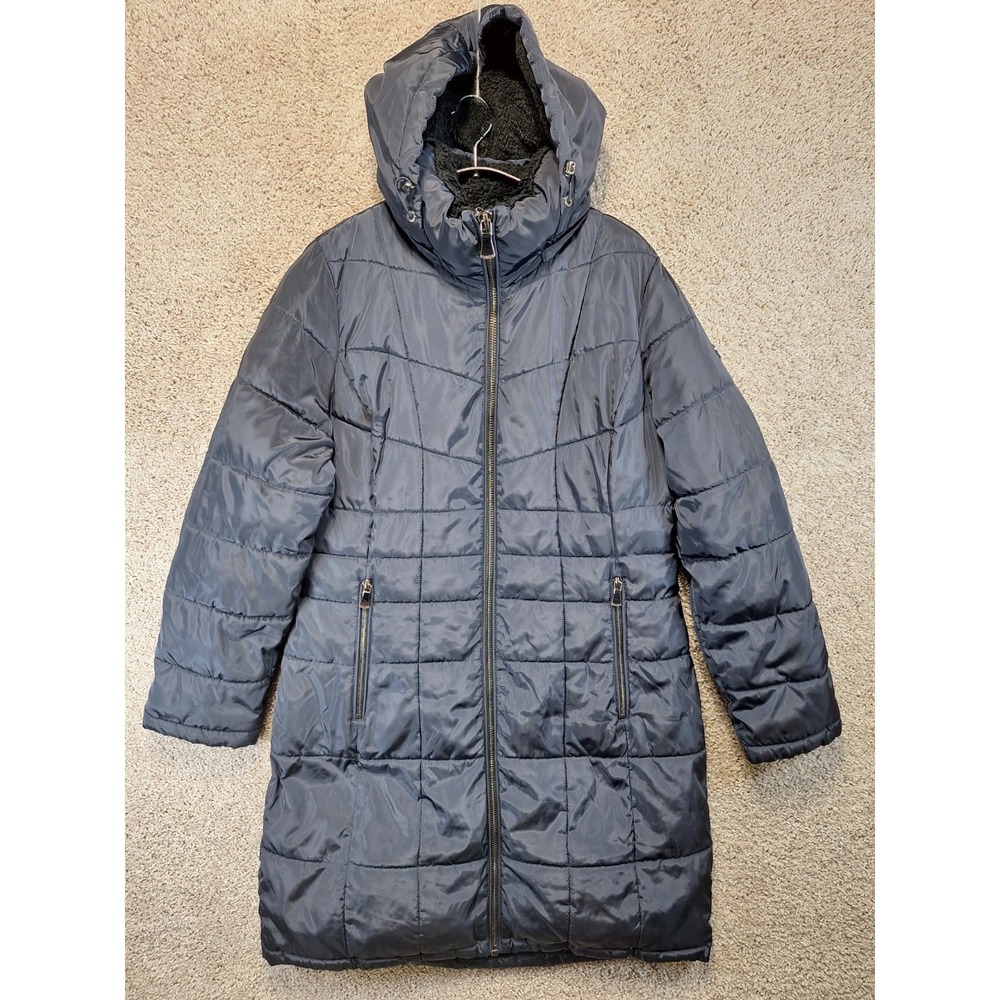 Calvin Klein Puffer Jacket Women's L Black‎ Hooded Full Zip Long Winter
